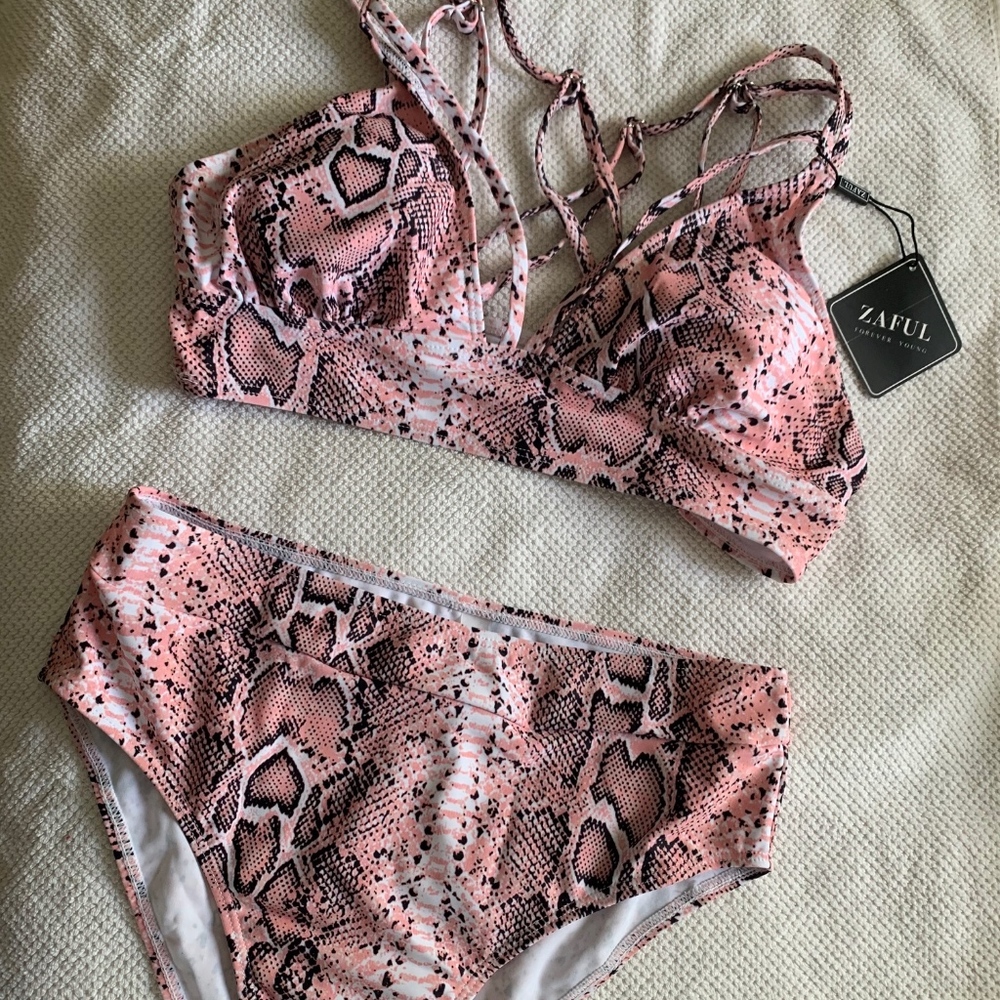 Criss Cross Snake Print High Waist Bikini